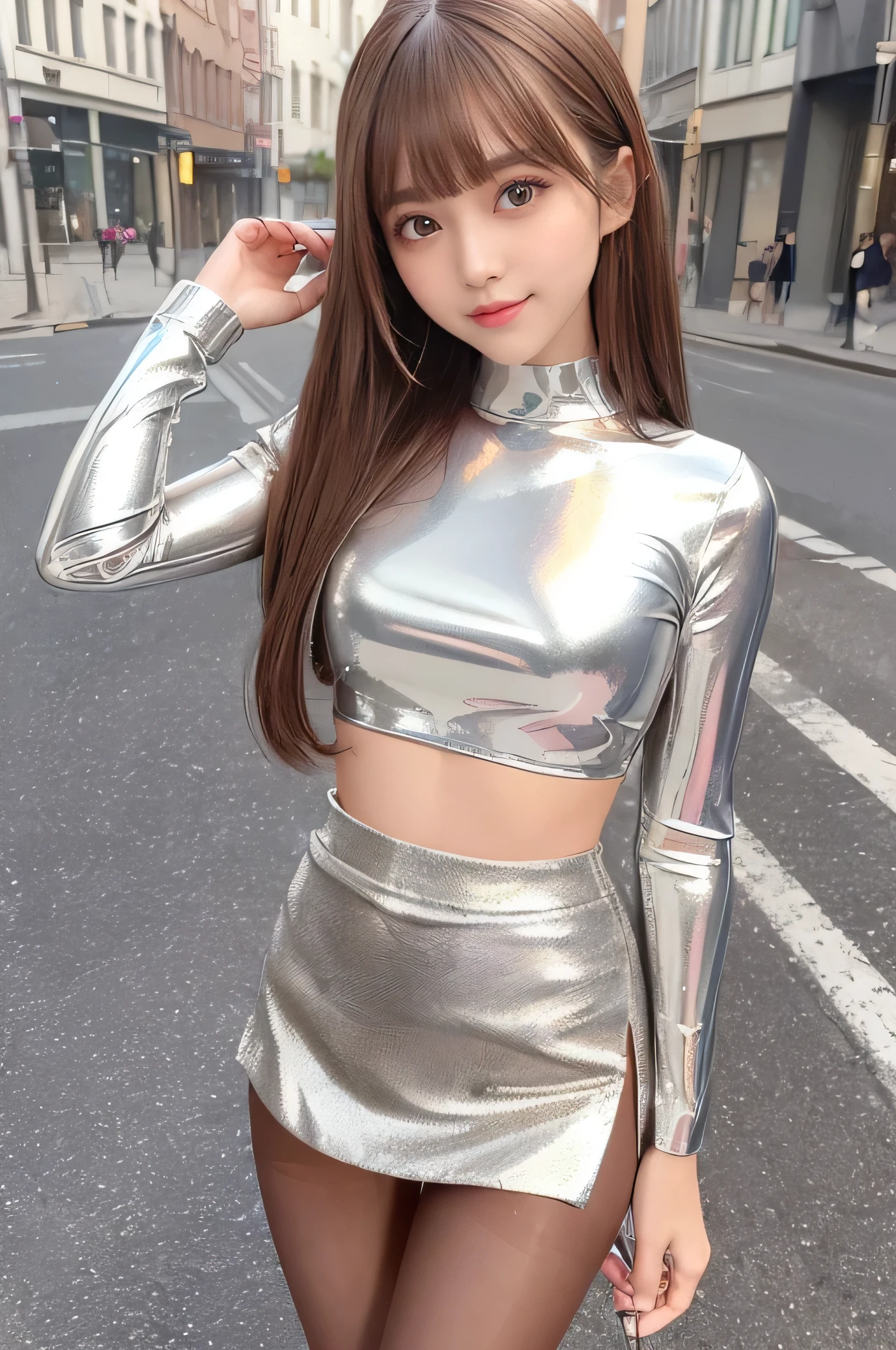 (Very beautiful loli young girl:1.2), (loli face:1.4), (large eyes:1.2), (clear-eyed), small straight nose, small mouth, (v-line jaw:1.1), Beautiful detailed eyes, Detailed double eyelids, Long straight brown hair, see-through bangs, beautiful detailed face, drooping eyes, (Fair skin: 1.3),(20 yo:1.2),(smiling),BREAK (Super Shiny metallic silver Tight mini Skirt :1.3),
(Super shiny Metallic silver fashionable summer tops:1.4) , (Super shiny pantyhose:1.3) , Walking,
Costume lighting,(costume with strong reflective surfaces:1.3),
In the street ,
(Brown hair:1.3)