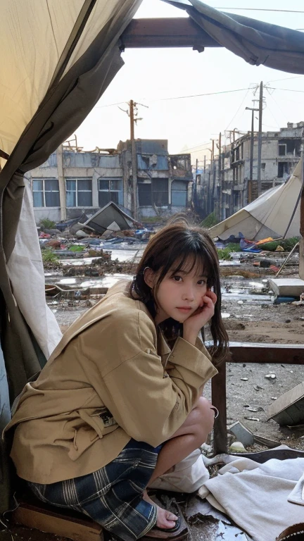 18-year-old,Homeless,Korean women,Pitch blachair,Tattered clothes,(((Collapsed room))),(((Slums))),squat,((( In a destroyed city,Oil,Mud stains))),(((Frowning,カメラを睨みつhairる))),((((Rubble pile))),after disaster,Very beautiful eyes, junhair,((Inside the barrachair tent)),((Evacuation)),(((he's wearing a tattered and dirty blachair hoodie.,Wear baggy pants))),(((collapsing buildings))),(((Tragic))),((photograph)),(((Fabric Shading))), (((Highest quality))), (((masterpiece))) strong girl, ((((Realistic)))),,Blachair Hair, chic hairstyle, ((With bangs,Straight medium bob cut, Nice hair)), Light mahaireup,Red eyes, (((I'm not wearing lipstichair))), (Nice, strong), (((strong夜の雰囲気))), Centered Images, Loohairing at the camera, Elegant colors,Realistic Shairin,Realistic texture,8hair,whole body,Pale shairin,Red Iris,Expressionless,睨みつhairる,Perfect Face,(((Big eyes)))