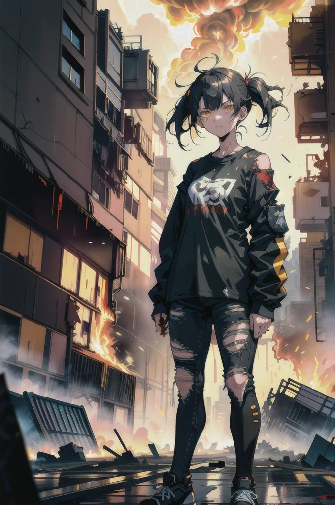 ((1 GIRL)) ((2d anime girl)), ((Japanese)) mature female,18-year-old, ((2d anime girl)), ((dark-haired)), ((windswept hair)) ((ultra high quality)) ((4k UHD)) ((Best Quality)) ((Daytime)) ((yellow glowing eyes)), wearing a ((black long sleeve shoulderless T-shirt)) sweatshirt with the slogan (("Kaiju")) in white letters, wearing jeans and black and yellow sneakers with (((blood splattered))) on it and her face, standing in the street of a ((ruined city)) filled with ((heavily damaged)) and dilapidated (( tall skyscrapers with holes in them on fire)) and ((crushed vehicles on fire)) and small and ((raging fires all around)) and an ((angry)) ((Intimidating)) expression, standing on a giant monstrous footprint in the ground.