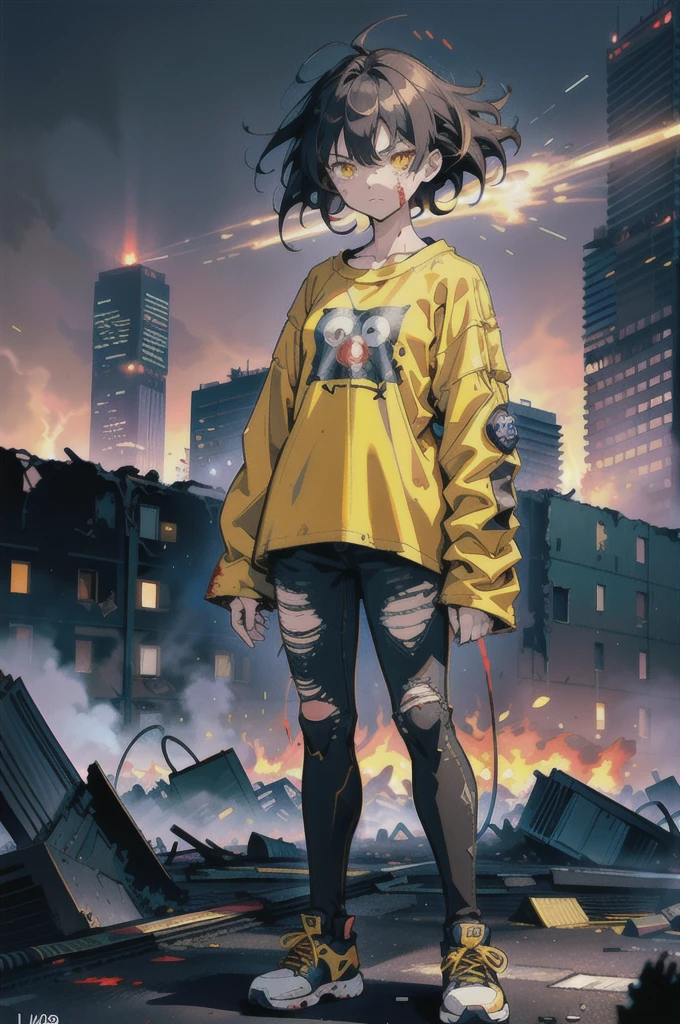 ((1 GIRL)) ((2d anime girl)), ((Japanese)) mature female,18-year-old, ((2d anime girl)), ((dark-haired)), ((windswept hair)) ((ultra high quality)) ((4k UHD)) ((Best Quality)) ((Daytime)) ((yellow glowing eyes)), wearing a ((black long sleeve shoulderless T-shirt)) sweatshirt with the slogan (("Kaiju")) in white letters, wearing jeans and black and yellow sneakers with (((blood splattered))) on it and her face, standing in the street of a ((ruined city)) filled with ((heavily damaged)) and dilapidated (( tall skyscrapers with holes in them on fire)) and ((crushed vehicles on fire)) and small and ((raging fires all around)) and an ((angry)) ((Intimidating)) expression, standing on a giant monstrous footprint in the ground.