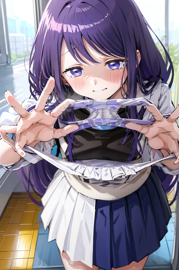 Holding white panties、Perfect hands、Detailed hands、Take off the white panties、Smirking face、Blushing、Black Skirt、Light purple hair、Semi-long hair、、Japanese school uniform、schoolgirl、on the train、Strap、、８K,Masterpiece、Light purple hair、Semi-long hair、、Japanese 、、、、、白色のShowing panties、、Blushing、、Showing panties、Pull up your skirt、Blushing、on the train、Strap