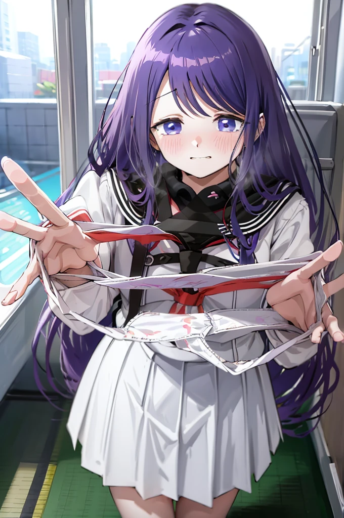 Holding white panties、Perfect hands、Detailed hands、Take off the white panties、Smirking face、Blushing、Black Skirt、Light purple hair、Semi-long hair、、Japanese school uniform、schoolgirl、on the train、Strap、、８K,Masterpiece、Light purple hair、Semi-long hair、、Japanese 、、、、、白色のShowing panties、、Blushing、、Showing panties、Pull up your skirt、Blushing、on the train、Strap