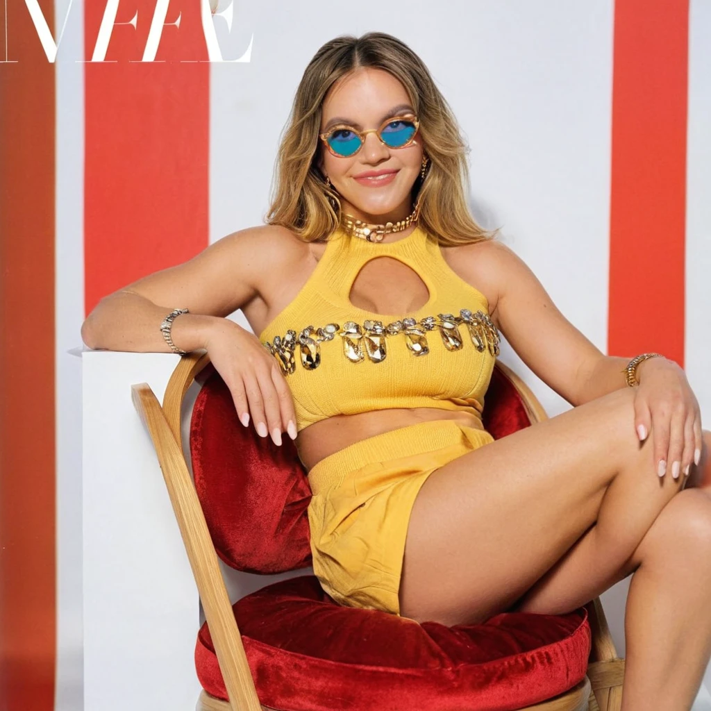  Magazine cover from the 70's, (ohwx woman) sitting in a golden chair, with a seductive expression, wearing clothes of the time, with colorful glasses, and a beautiful smile, professionally photographed on a nikon f2, perfect hands detailed,red nails