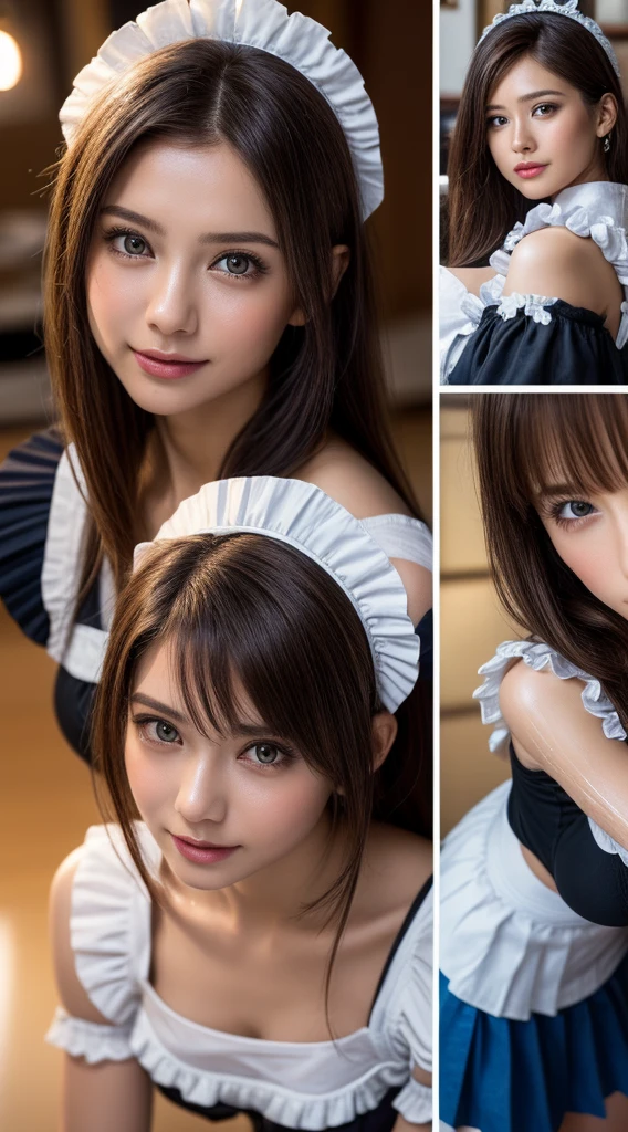 (One woman), Brown Hair, Great face and eyes, Pink Eyes, Captivating smile, (Frilled maid cafe costume, Pleated mini skirt:1.5), (Wide open maid cafe costume:1.2), (Stunningly beautiful woman), Brown Hair, Fashionable hair ornaments, (Highest quality:1.4), (Very detailedな), (Very detailed CG 統合 8k 壁紙), Very detailed, High-quality RAW color photos, Professional photography, Written boundary depth, (View from below),、((Sexual pose:1.5))、((Top view:1.5))、((Light sweating:1.5))、Big Breasts、ウエーブのかかった長いBrown Hair