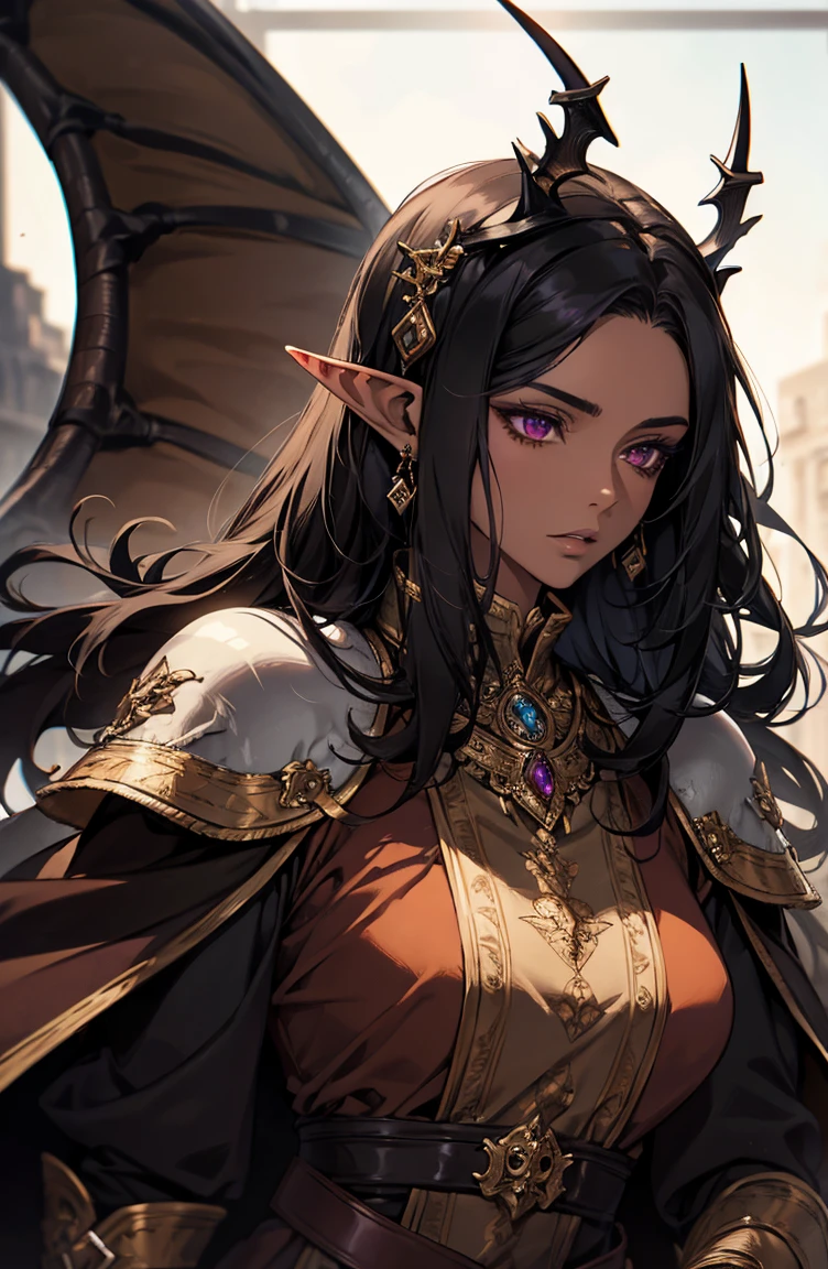 brown skin, older woman, sexy, tall, brown skin, one dragon wing, black hair, elf, elf ears, dragon horns, dark clothing, purple clothing