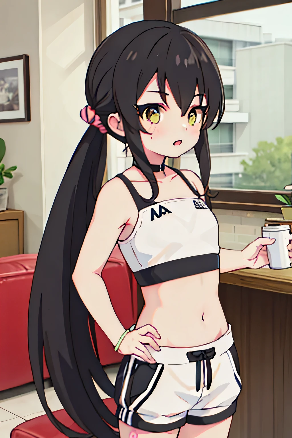 1 cute muscular girl with short black hair，coordination