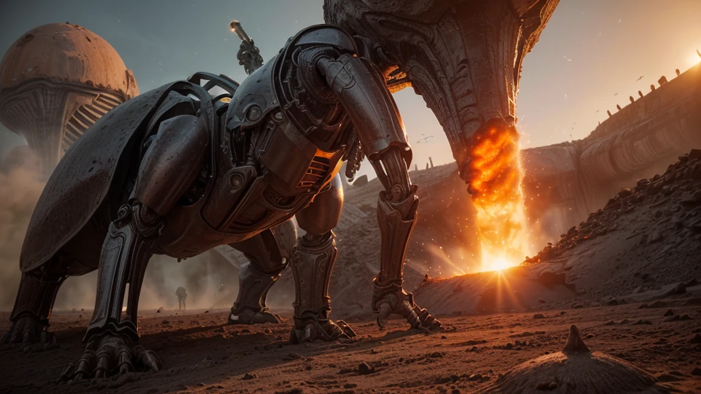 (((EATING A MOLE OF COMBAT))), ((CARVED STEEL, IMPOSSIBLE), (FORCED PERSPECTIVE VIEW FROM BELOW OF STRAIGHT-LINE BIOMECHANICS OF ALIEN WAR biomechanics of disgusting alien biology) biomechanical alien, unknown, extraterrestrial biology on unknown planet, HEAVY atmosphere with dust particles suspended in the air red - orange WITH SULFUR
