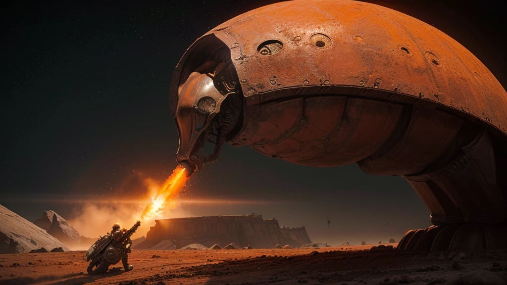 (((EATING A MOLE OF COMBAT))), ((CARVED STEEL, IMPOSSIBLE), (FORCED PERSPECTIVE VIEW FROM BELOW OF STRAIGHT-LINE BIOMECHANICS OF ALIEN WAR biomechanics of disgusting alien biology) biomechanical alien, unknown, extraterrestrial biology on unknown planet, HEAVY atmosphere with dust particles suspended in the air red - orange WITH SULFUR