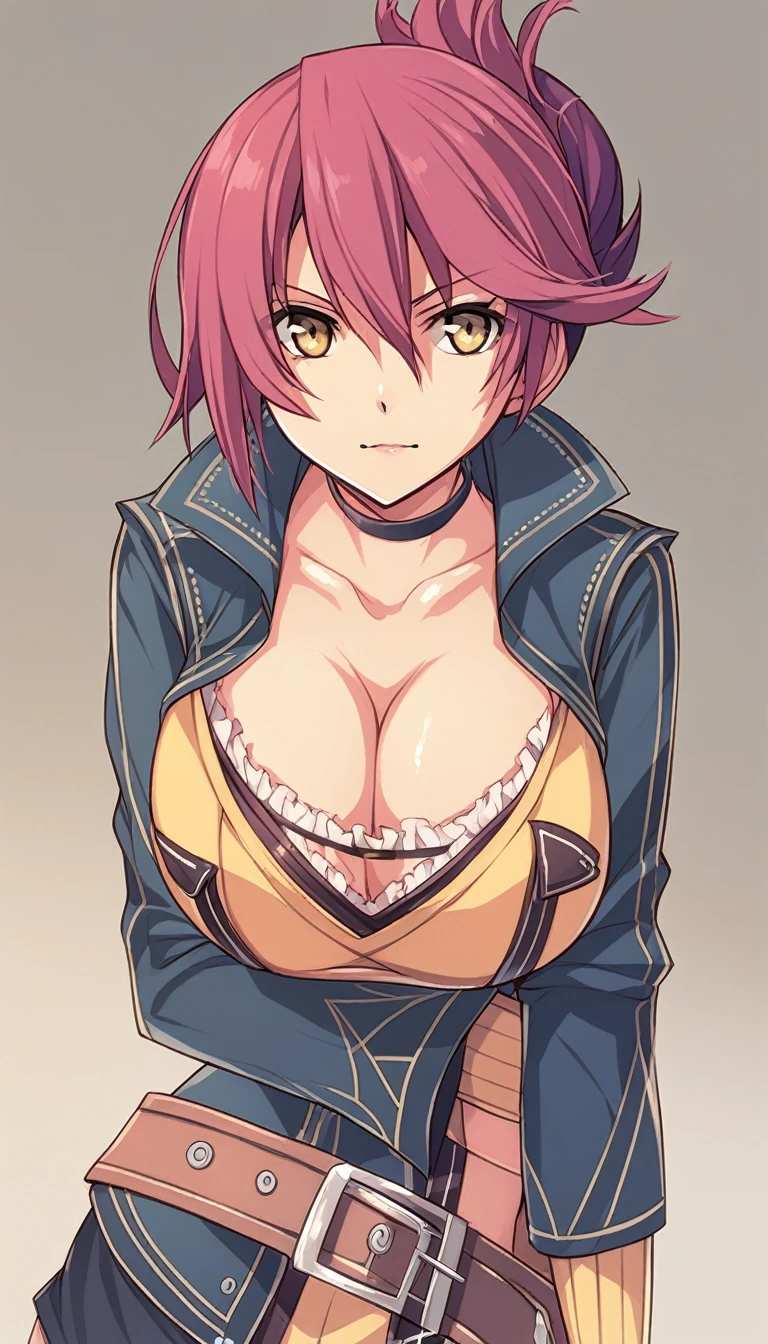 nsfw, sara valestein, sen12, 1girl, breasts, solo, cleavage, large breasts,choker, belt, yellow eyes, red hair