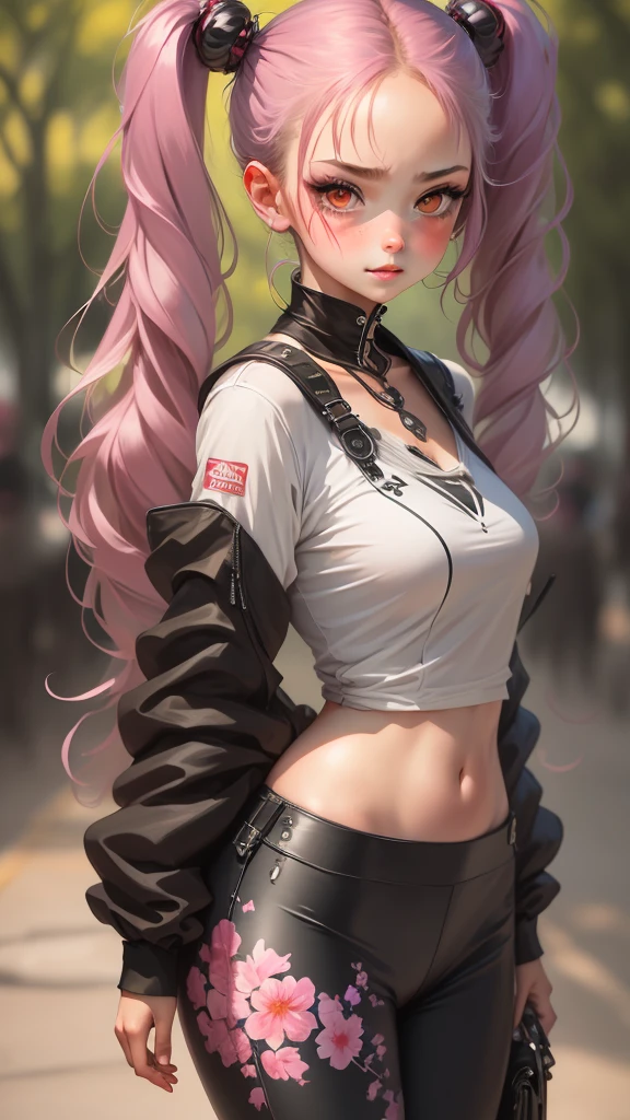 extremely detailed CG unity 8k wallpaper, best quality, ultra-detailed, masterpiece, realistic, photo realistic, blush, parted lips, looking at viewer , half body shot , (Perona One Piece), ping long hair, blushing, beautiful face, embarrassed face, standing, arms behind head, cute face, goth outfit, twintails, outdoor, sakura blossom, stripe legging, skirt, smile at viewer,