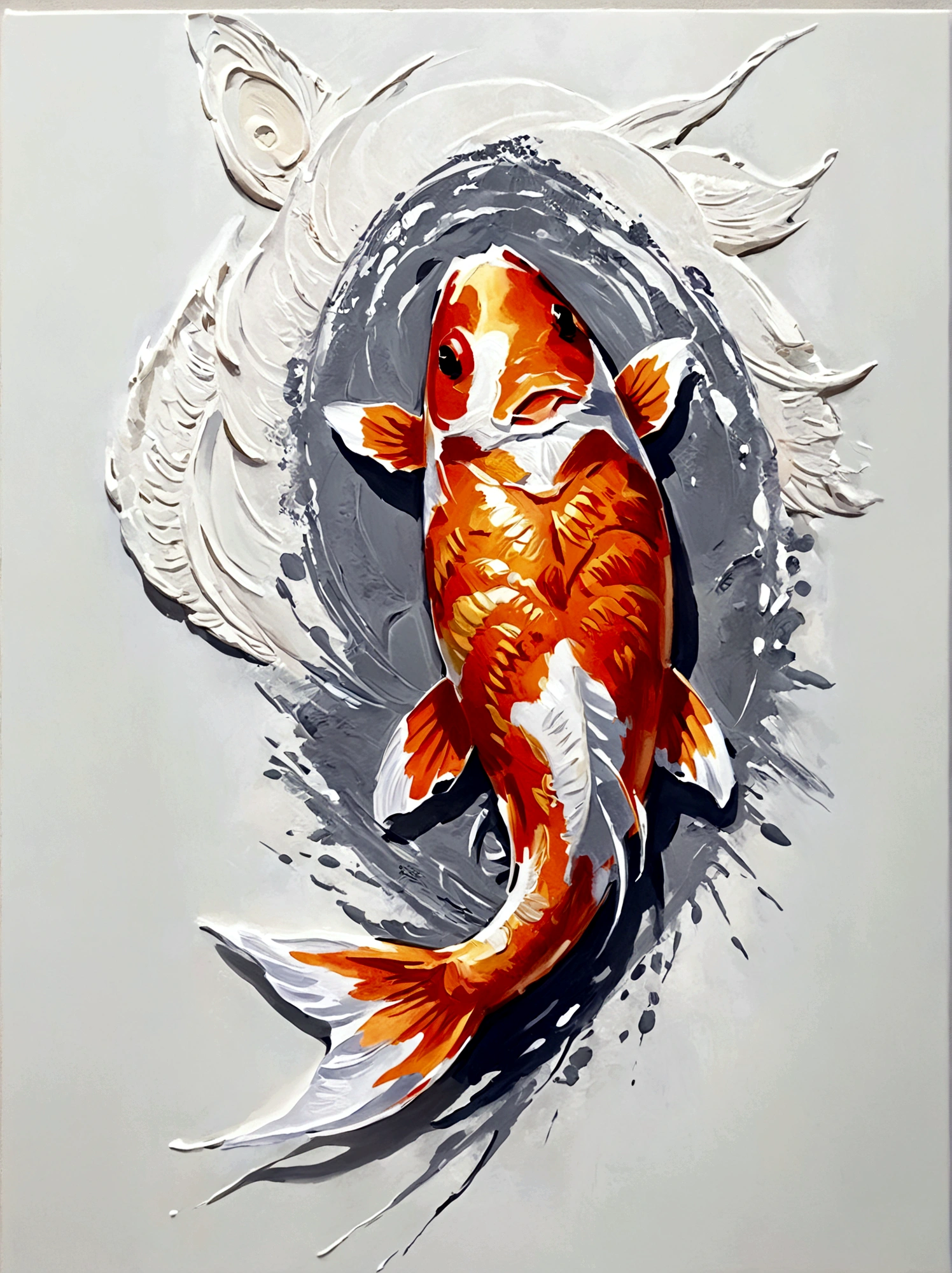 A koi fish,Perfect proportion,symmetry,vanilla,bright,White background,real,emotion,Thick textured paint,