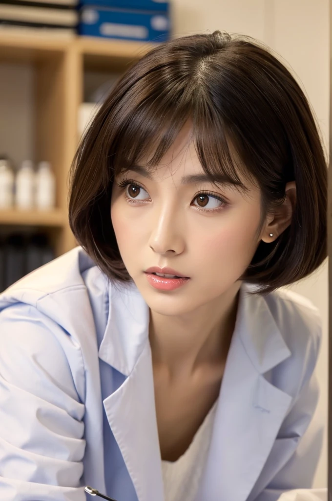Hospital examination room, female doctor, ((full body)), ((photo)), ((best qualtiy, 8K, tmasterpiece: 1.3)), Focus: 1.2, perfect figure beautiful woman: 1.4, 1woman, cowboy shot, look at viewer, eyes facing the camera, incredibly absurd, beautiful and cute woman with a photorealistic face, showcasing top-quality craftsmanship, Japanese woman examining in a hospital examination room, 29 years old, hairstyle is a straight bob with long bangs, glossy black hair parted in the middle, thick and voluminous, elegant, fair and clear skin, large brown eyes, cool expression, long eyelashes, neat eyebrows, high nose, thin lips, natural complexion, fine skin, oval face, plump cheeks, long neck, small ears, beautiful nape, tall, slender, delicate, muscular and thin, slim frame, long and slender limbs, long fingers, large breasts of E cup, dressed as a doctor in a white coat, high heeled pumps, natural makeup, gold necklace, small earrings, watch on left arm, pretty older woman, beautiful, neat, cute voice, calm, gentle, responsible, professional, studious, kind, October