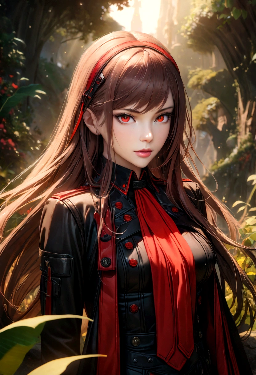 A beautiful detailed portrait of Rapi, the character from the game Nikke, with extremely detailed eyes and face, long eyelashes, elegant and graceful pose, intricate and ornate outfit with vibrant colors, soft lighting that accentuates her features, fantasy landscape background with lush vegetation and magical elements, cinematic composition, 8k, high resolution, photorealistic, gorgeous colors, masterpiece