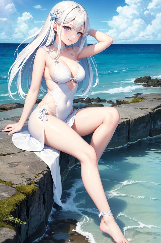 UHD,masterpieces,perfect figure,1girl,solo,white hair,middle breasts,long air,white skin,smooth skin,blue eyes,smilling,speard hair,light-blue dress,beautiful waist,,white panyhose,nake arms,bows in head back,sitting,bright sky,sunny weather,Translucent fabric,cute style,at the sea,