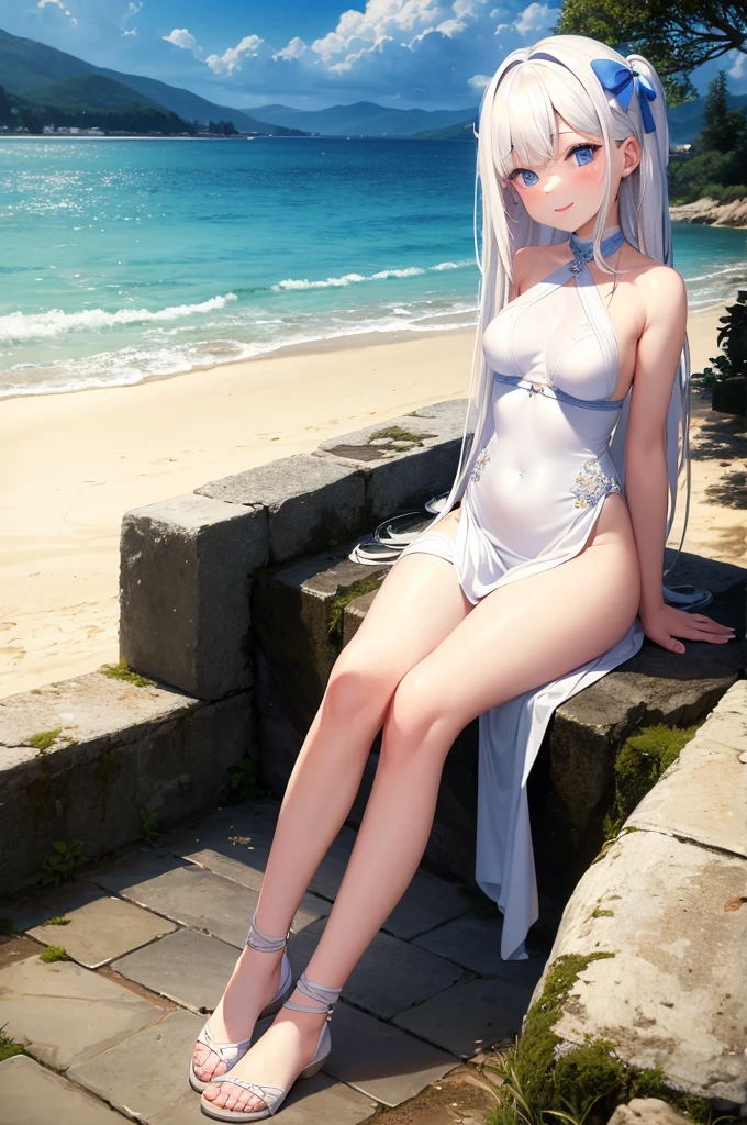 UHD,masterpieces,perfect figure,1girl,solo,white hair,middle breasts,long air,white skin,smooth skin,blue eyes,smilling,speard hair,light-blue dress,beautiful waist,,white panyhose,nake arms,bows in head back,sitting,bright sky,sunny weather,Translucent fabric,cute style,at the sea,
