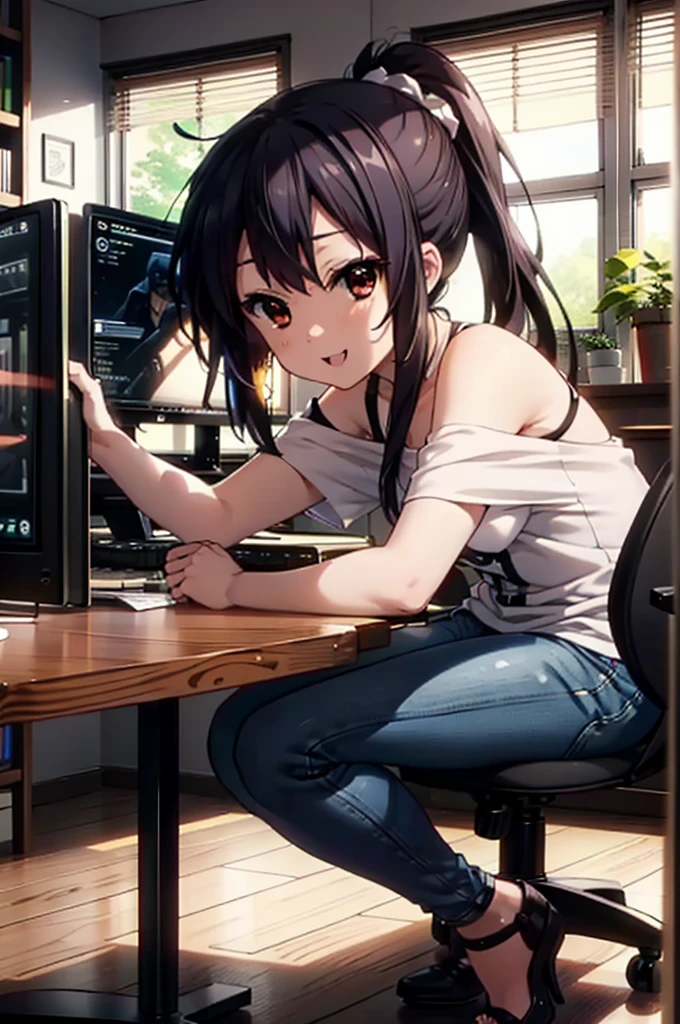 meet, Azusa Nakano, Black Hair, (Brown eyes:1.5), Long Hair, ponytail,Cold shoulder tops,Short sleeve,Skinny jeans,Stiletto heels,happy smile, smile, Open your mouth,interior,There is a computer on the table,Walking,So that the whole body goes into the illustration,昼間
break indoors, office,
break looking at viewer,
break (masterpiece:1.2), Highest quality, High resolution, unity 8k wallpaper, (figure:0.8), (Beautiful attention to detail:1.6), Highly detailed face, Perfect lighting, Highly detailed CG, (Perfect hands, Perfect Anatomy),