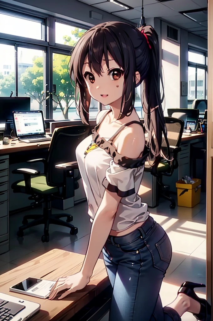 meet, Azusa Nakano, Black Hair, (Brown eyes:1.5), Long Hair, ponytail,Cold shoulder tops,Short sleeve,Skinny jeans,Stiletto heels,happy smile, smile, Open your mouth,interior,There is a computer on the table,Walking,So that the whole body goes into the illustration,昼間
break indoors, office,
break looking at viewer,
break (masterpiece:1.2), Highest quality, High resolution, unity 8k wallpaper, (figure:0.8), (Beautiful attention to detail:1.6), Highly detailed face, Perfect lighting, Highly detailed CG, (Perfect hands, Perfect Anatomy),