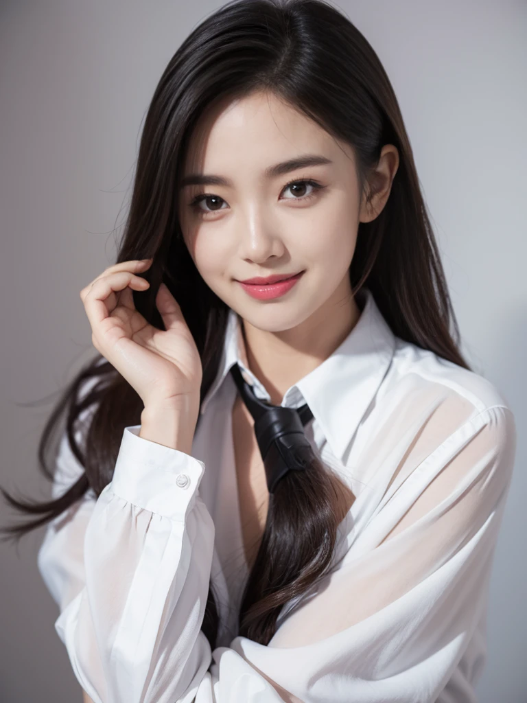 raw photo, 1girl, cute face, beautiful face, medium breast, collared blouse, White blouse, light smile, Upper body, detailed skin, pore, simple background, photorealistic, anatomically correct, masterpiece, best quality, UHD