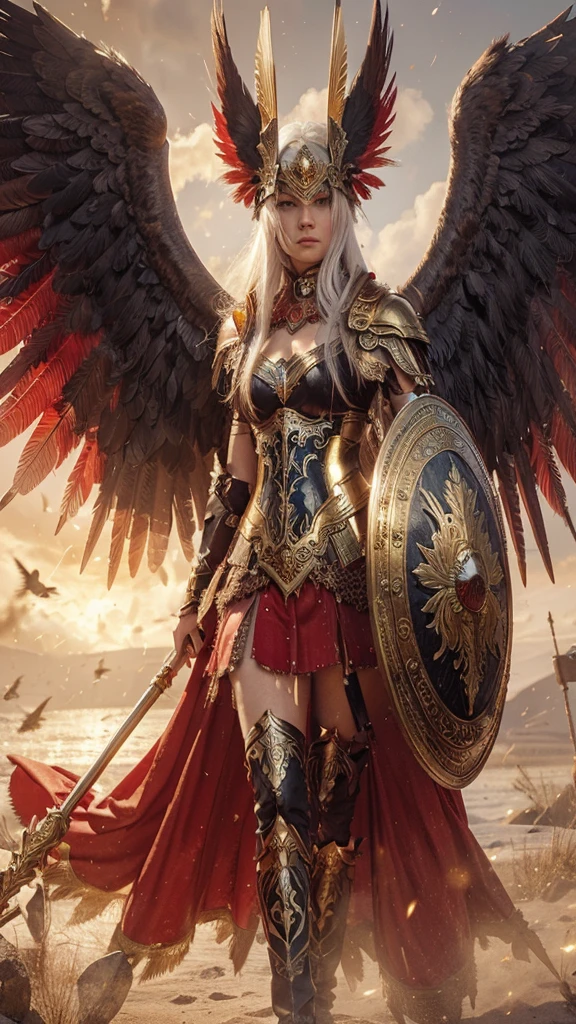 A warrior Valkyrie with white hair and dark wings with red feathers.
Full body with notable physical features and a dignified pose.
Wearing a gold and red valkyrie helmet covering her eyes and ornate gold armor with black trim and a red skirt.
Holding a shield with symbols of war and a majestic spear.
With clouds of dust, a sky tinged with gold, with sparks and crows in the background.