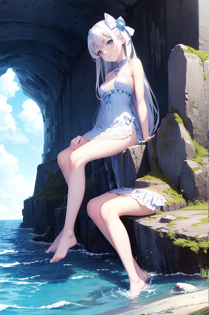 UHD,masterpieces,perfect figure,1girl,solo,white hair,middle breasts,long air,white skin,smooth skin,blue eyes,smilling,speard hair,light-blue dress,beautiful waist,,white panyhose,nake arms,bows in head back,sitting,bright sky,sunny weather,Translucent fabric,cute style,at the sea,