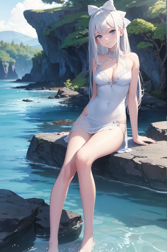 UHD,masterpieces,perfect figure,1girl,solo,white hair,middle breasts,long air,white skin,smooth skin,blue eyes,smilling,speard hair,light-blue dress,beautiful waist,,white panyhose,nake arms,bows in head back,sitting,bright sky,sunny weather,Translucent fabric,cute style,at the sea,