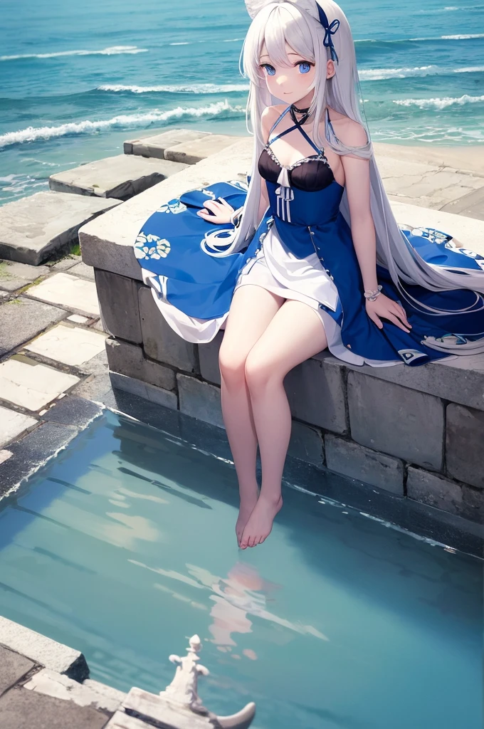 UHD,masterpieces,perfect figure,1girl,solo,white hair,middle breasts,long air,white skin,smooth skin,blue eyes,smilling,speard hair,light-blue dress,beautiful waist,,white panyhose,nake arms,bows in head back,sitting,bright sky,sunny weather,Translucent fabric,cute style,at the sea,
