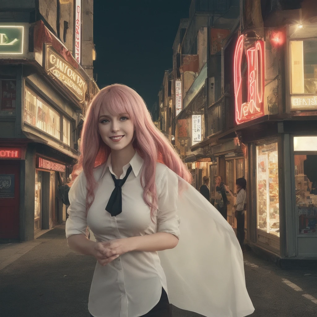 One girl, Long pink hair, Red Corner, White collared shirt, Black tie, A light smile, Yellow Eyes, Keratinous_force,, building,shop,Town Street, Dark Sky, scenery,Neon Signs,City of night, Japanese lyrics,, , Absurd, Fine grain, Very detailed, Volumetric lighting, Realistic, Realistic lighting, 8K, Cinema Lighting, Depth of written boundary, perfection, Super detailedな, photoRealistic, ultra Realistic, Realistic light, hard lighting, Intricate details, stop-motion, Tone Mapping, Sharp focus, Super detailed,large breast,(button gap:1.1)