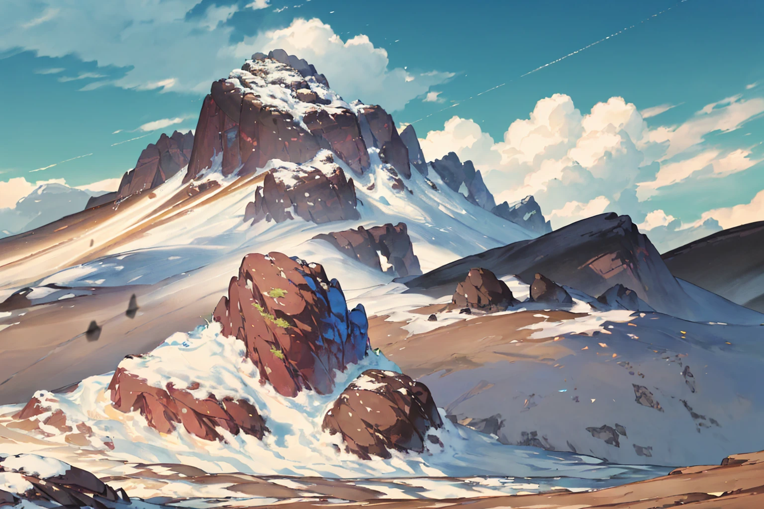 summer, brown rock area, brown rock formation, (illustration : 1.0), Narrative composition, realistic lighting, HD detail, masterpiece, best quality best, (Highly detailed CG integrated 8k wallpaper), wide and flat rocky area, A small, sharp, rough rock at the top of the screen.