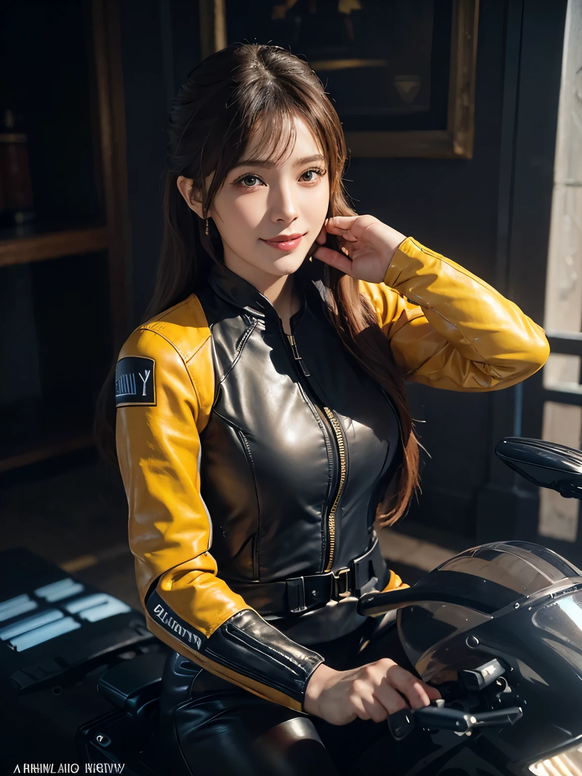 Hyperrealist Female Portrait by David Hockney and Alphonse Mucha, Photo Real, Dynamic Lighting, Volumetric lighting, Highly detailed face, Detailed Hair, 8K, One girl, smile, Long Hair, Detailed Motorcycle, ((Riding a motorcycle)), ((Yellow racing leather suit))