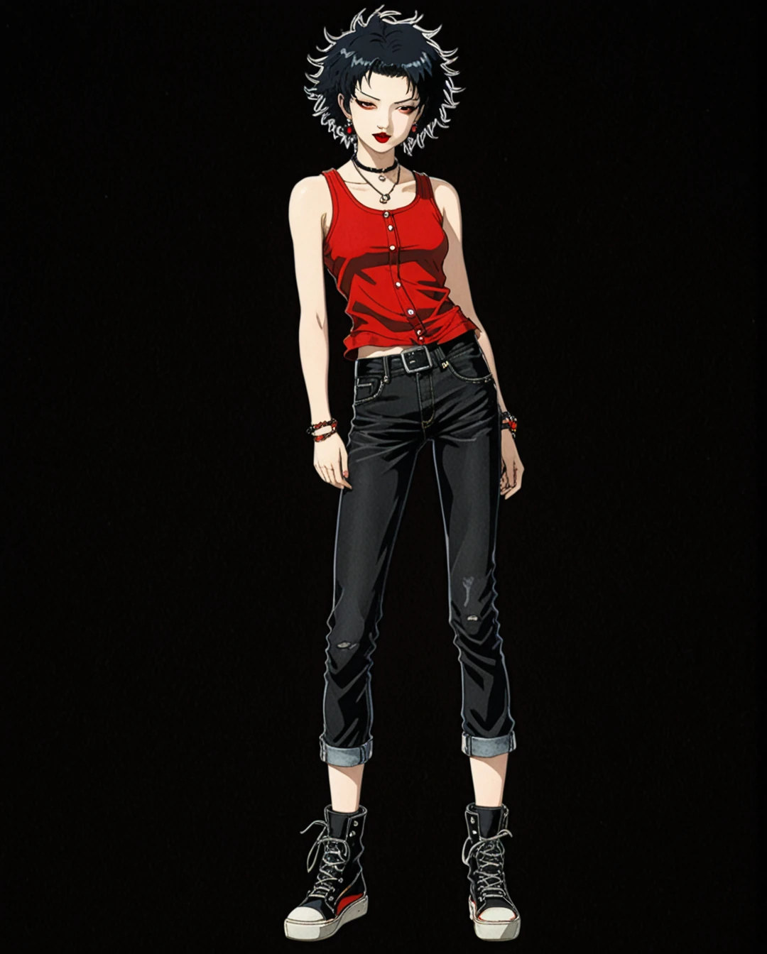 amano yoshitaka, a full-body, high-resolution anime style of a rebellious teenage female punk rocker with short curly black hair, thin face, intense red lips, sleeveless black top, and tight black denim pants, inspired by the works of Yoshiaki Kawajiri, vibrant and edgy, with dramatic lighting and dynamic composition