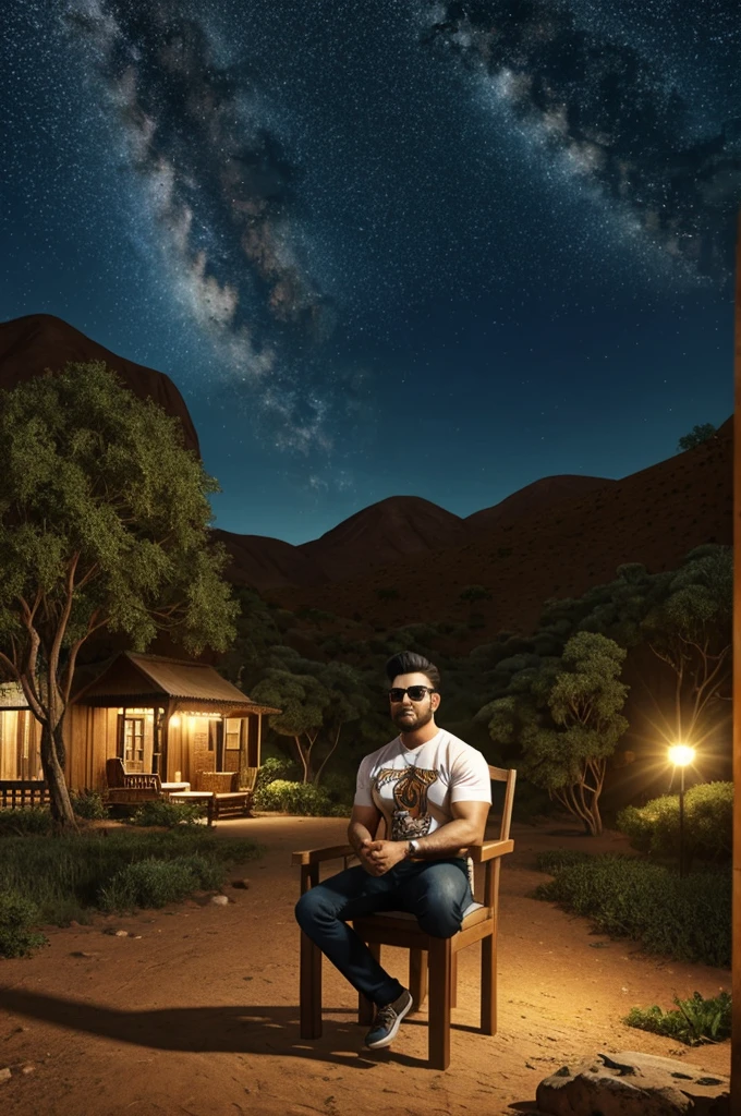 3D caricature of a man sitting on a chair and wearing a t-shirt. and surrounded by many tigers in a valley. with a background atmosphere at night and a clear sky studded with stars. realistic 3D caricature