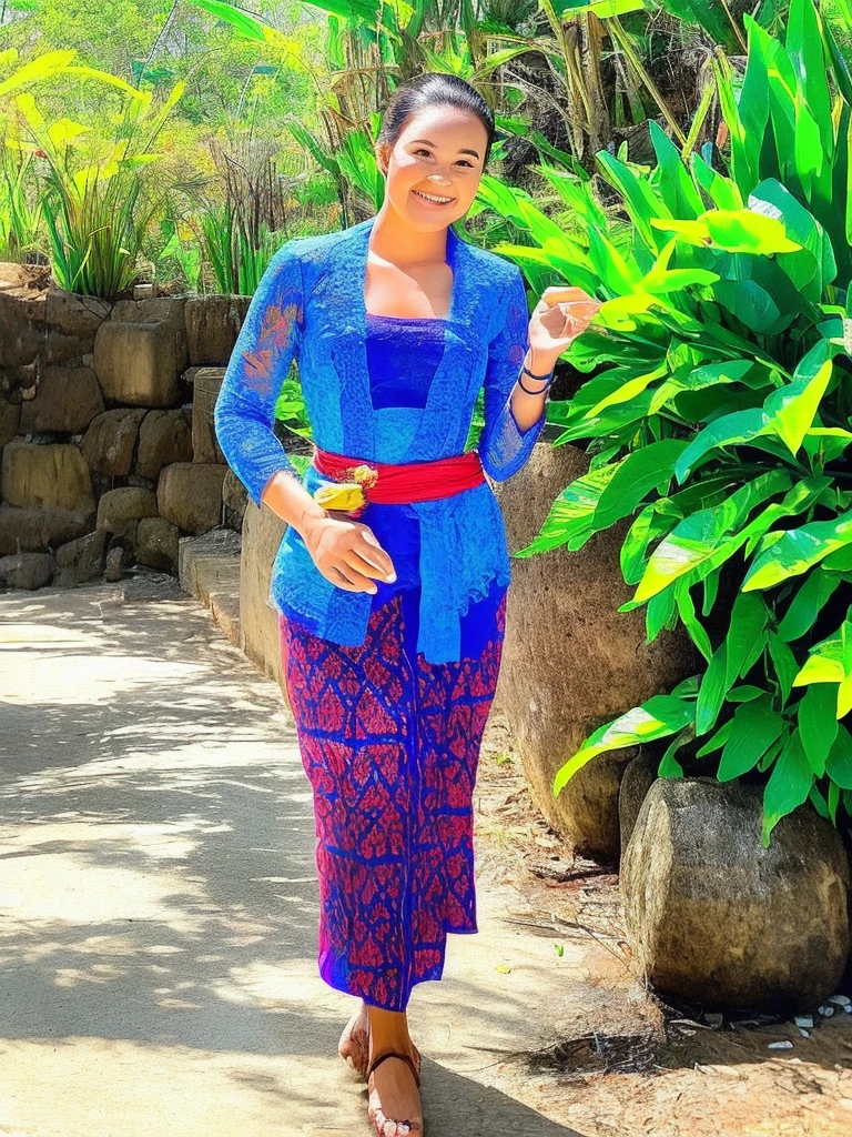 medium shot. Asian woman with a cheerful face, hair tied in a typical Javanese bun, wearing a blue Javanese kebaya with batik pattern, in a fast-flowing rocky river, while carrying a brown wooden basket full of fruit, a background of rocks, bamboo trees, bushes