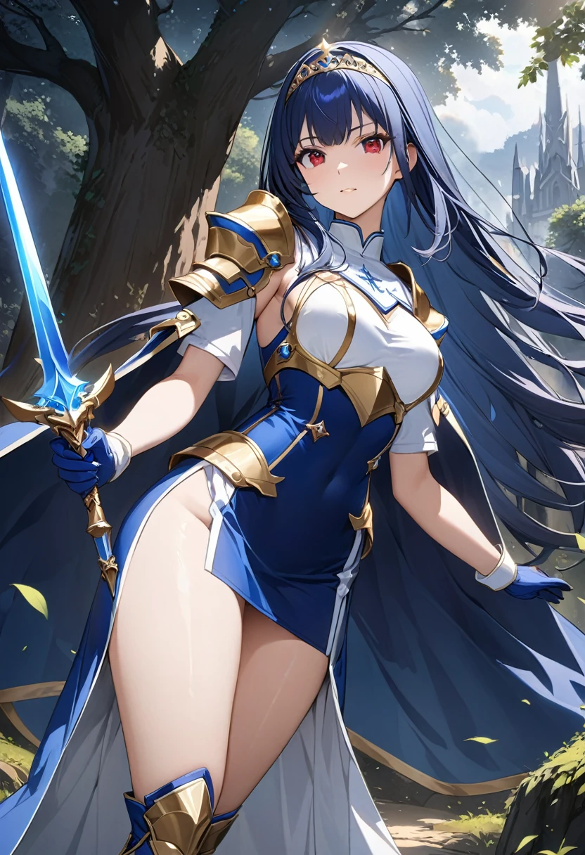Highest quality、unity 8k wallpaper、32k、masterpiece、Very detailed、Ultra-high resolution、Very detailedな顔, RAW Photos, Professional, Ultra-fine painting, Midnight blue long straight hair、Platinum tiara with blue gemstones、Blue Nun Cape、Red Eyes、(Tree Eyes), Cool and sharp features, hime cut, 20~A female magical warrior, about 24 years old.、White and gold breastplate、Blue and white leotard、(((Blue and white gold-embellished pencil skirt with side armor and long slits)))、Half puff sleeves with shoulder pads、A large white ribbon with a large sapphire on the chest、White and blue long gloves、White and blue thigh-high stiletto boots、whole body、He has a spear with a glowing blue blade