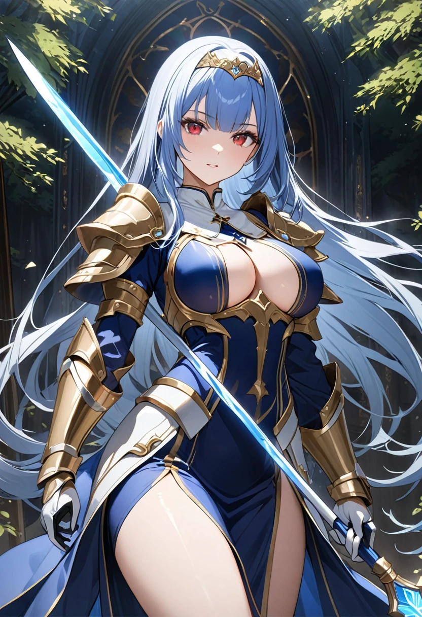 Highest quality、unity 8k wallpaper、32k、masterpiece、Very detailed、Ultra-high resolution、Very detailedな顔, RAW Photos, Professional, Ultra-fine painting,　Midnight blue long straight hair、Platinum tiara with blue gemstones、Blue Nun Cape、Red Eyes、(Tree Eyes), Cool and sharp features, hime cut, 20～A female magical warrior, about 24 years old.、White and gold breastplate、Blue and white leotard、(((Blue and white gold-embellished pencil skirt with side armor and long slits)))、Half puff sleeves with shoulder pads、A large white ribbon with a large sapphire on the chest、White and blue long gloves、White and blue thigh-high stiletto boots、whole body、He has a spear with a glowing blue blade