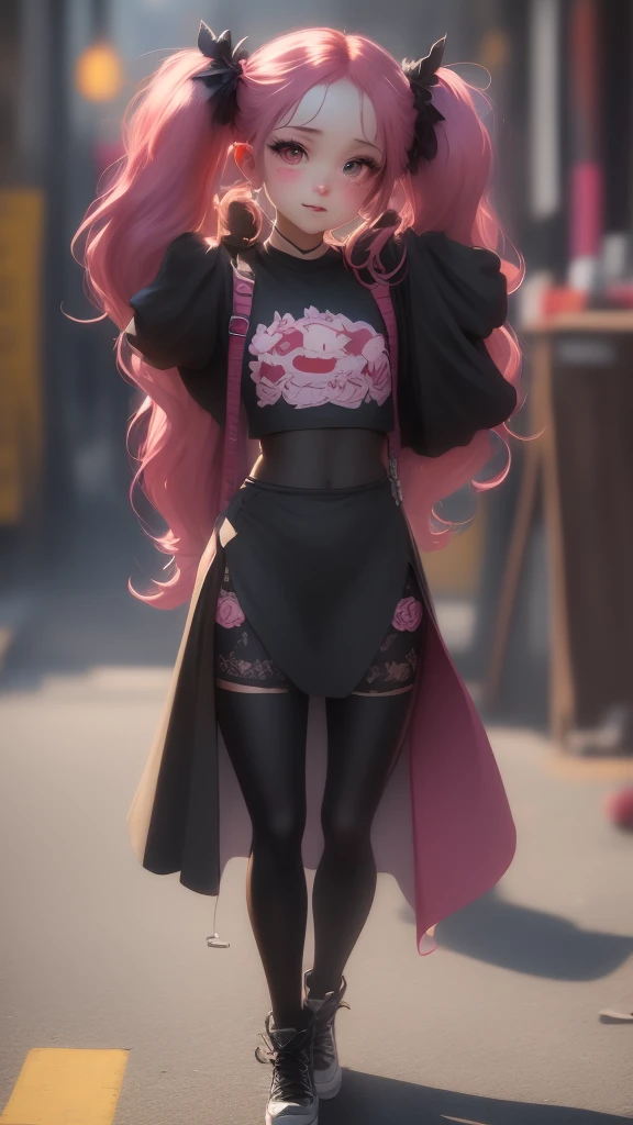 extremely detailed CG unity 8k wallpaper, best quality, ultra-detailed, masterpiece, realistic, photo realistic, blush, parted lips, looking at viewer , half body shot , (Perona One Piece), ping long hair, blushing, beautiful face, embarrassed face, standing, arms behind head, cute face, goth outfit, twintails, outdoor, sakura blossom, stripe legging, skirt, smile at viewer,