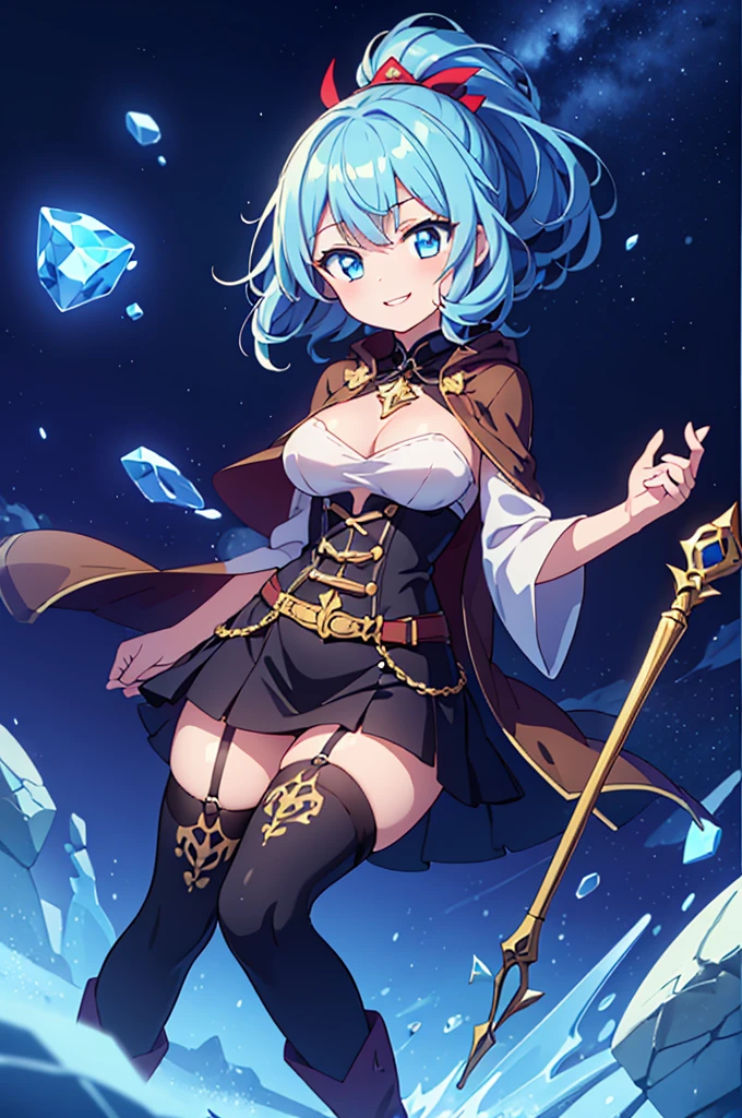 Fantasy,((Masterpiece)),((high resolution)),((Best Quality)),Anime illustration,((1girl)),(wavy hair),(short hair),(pale blue hair color),small ponytail,headband,Big, round, blue eyes,Droopy eyes,,baby face anasts,(big breasts),Short stature,,ice wizard,sleeveless white blouse,Blue mini skirt,slit,Brown corset,brown capelet,smile,,Brown long boots,wizard's wand with blue gem,