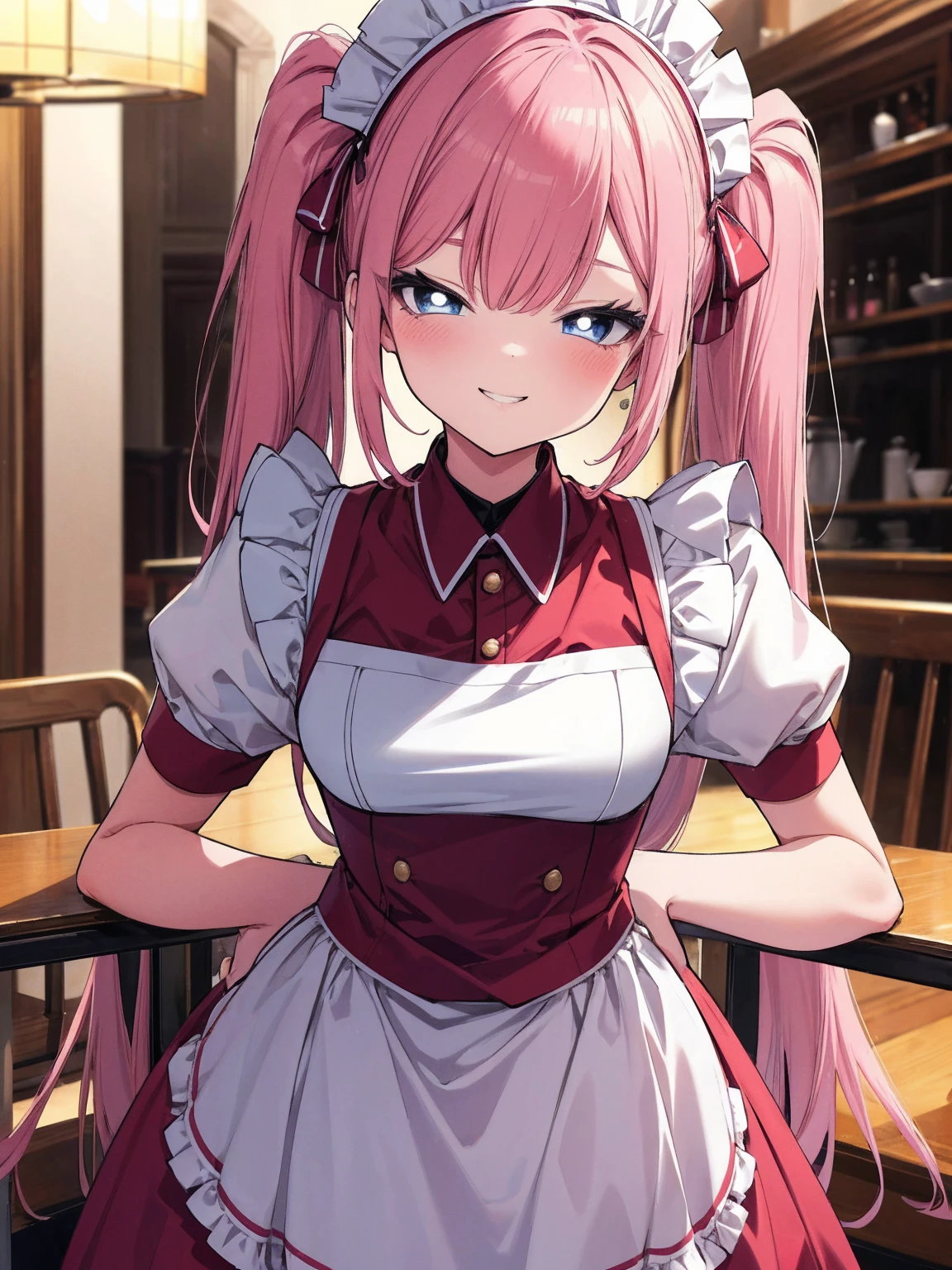 colorful, (best quality, ultra-high resolution, depth of field:1.2), beautiful face, 1woman, (pink hair), twin-tails (blue eyes), bright pupils, medium breasts, light red maid uniform, (wearing a light red maid uniform:1.3), frills, maid headdress, maid apron, (cafe scenery), squinting, (grinning), seductive smile, (((slightly bending forwards))), tilting head