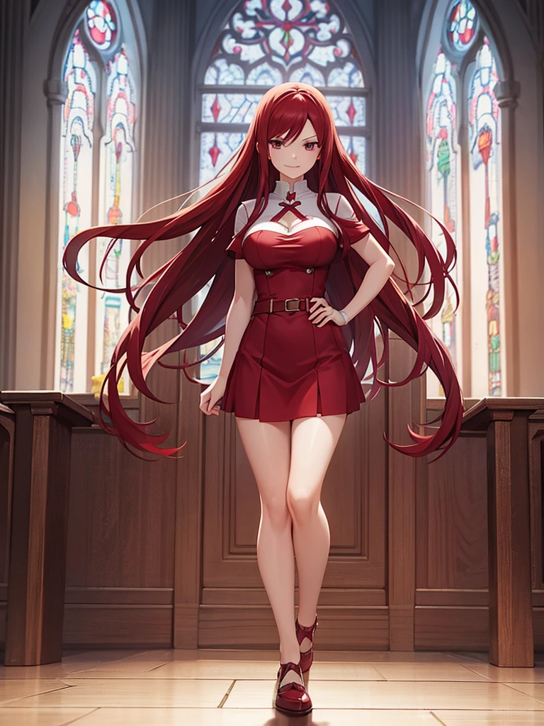 Full body picture of 1 girl: Erza Scarlet, smiling, wearing Rin Tohsaka outfit, in a church with huge windows at night, ultra realistic, top quality, sexy picture