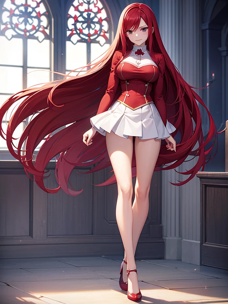 Full body picture of 1 girl: Erza Scarlet, smiling, wearing Rin Tohsaka outfit, in a church with huge windows at night, ultra realistic, top quality, sexy picture