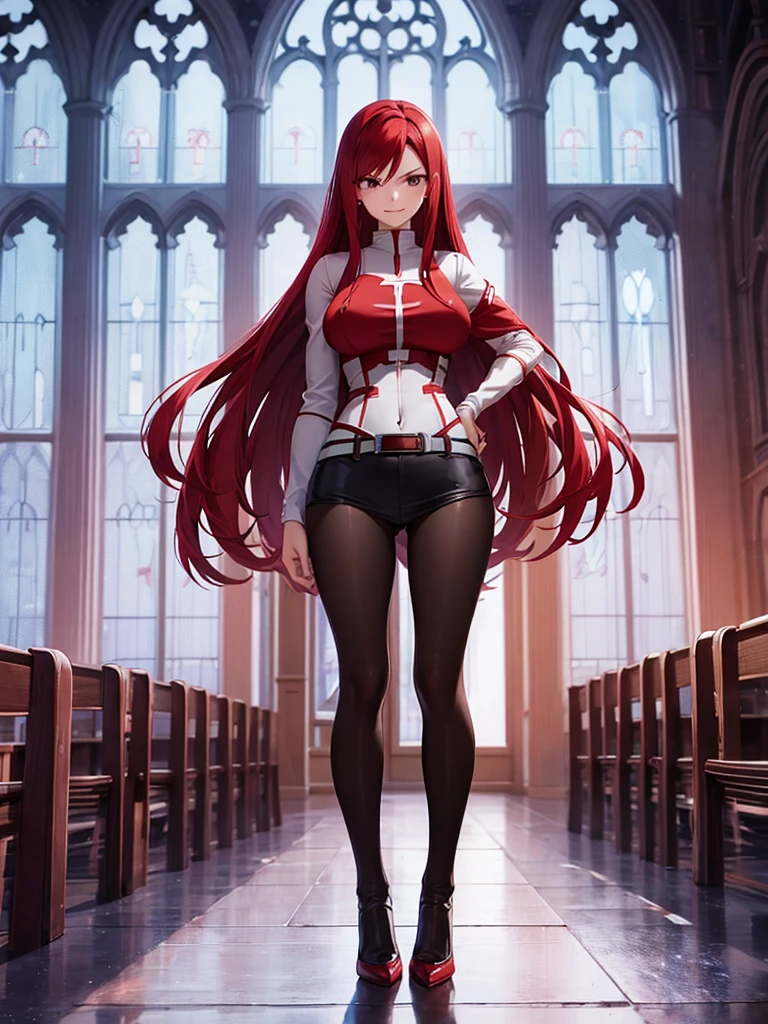 Full body picture of 1 girl: Erza Scarlet, smiling, wearing Rin Tohsaka outfit, in a church with huge windows at night, ultra realistic, top quality, sexy picture