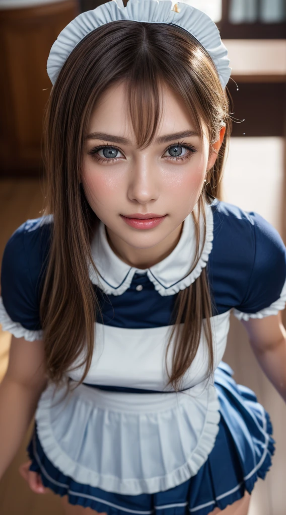 (One woman),  Great face and eyes, blue eyes, Captivating smile, (Frilled maid cafe costume, Pleated mini skirt:1.5), (Wide open maid cafe costume:1.2), (Stunningly beautiful woman),   (Highest quality:1.4), (Very detailedな), (Very detailed CG 統合 8k 壁紙), Very detailed, High-quality RAW color photos, Professional photography, Written boundary depth, (View from below),、((Sexual pose:1.5))、((Top view:1.5))、((Light sweating:1.5))、Big Breasts、Long wavy brown hair、