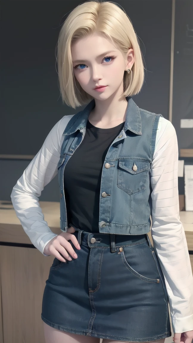 Android 18, Blonde hair, blue eyes, eyelash, earrings, short hair, earrings带, Black socks, Black shirt, 胸前的pocket, cleveage, clavicle, denim, denim skirt, High waist skirt, Jewelry, Long sleeve, pocket, shirt, shirt tucked in, skirt, stripe, stripe袖子, Vest,