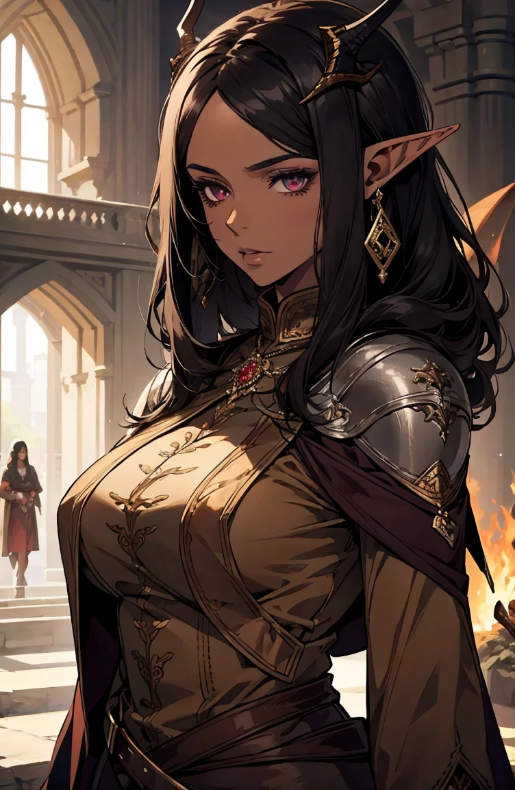 brown skin, older woman, sexy, tall, brown skin, one dragon wing, black hair, elf, elf ears, dragon horns, dark clothing, purple clothing