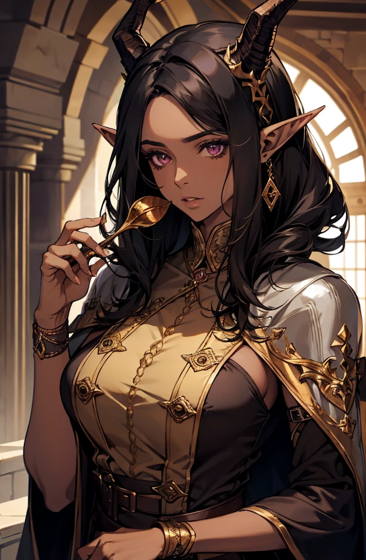 highest quality,masterpiece,masterpiece portrait,Intricate details,Magnificent Light,Fantasy,Dungeons & dragon,Retro,priest,Dark Elf,One girl,Wooden table,Shoulder strap,Grey Skin,Elegant smile,squint,Close-up portrait of a Mycenaean Drow woman wearing gold jewelry, Spider:0.9, web:1.0, Fantasy, Volumetric lighting, コンセプトart, Brush Stroke Style, artステーション, trend, Very detailed, art:Greg Rutkowski