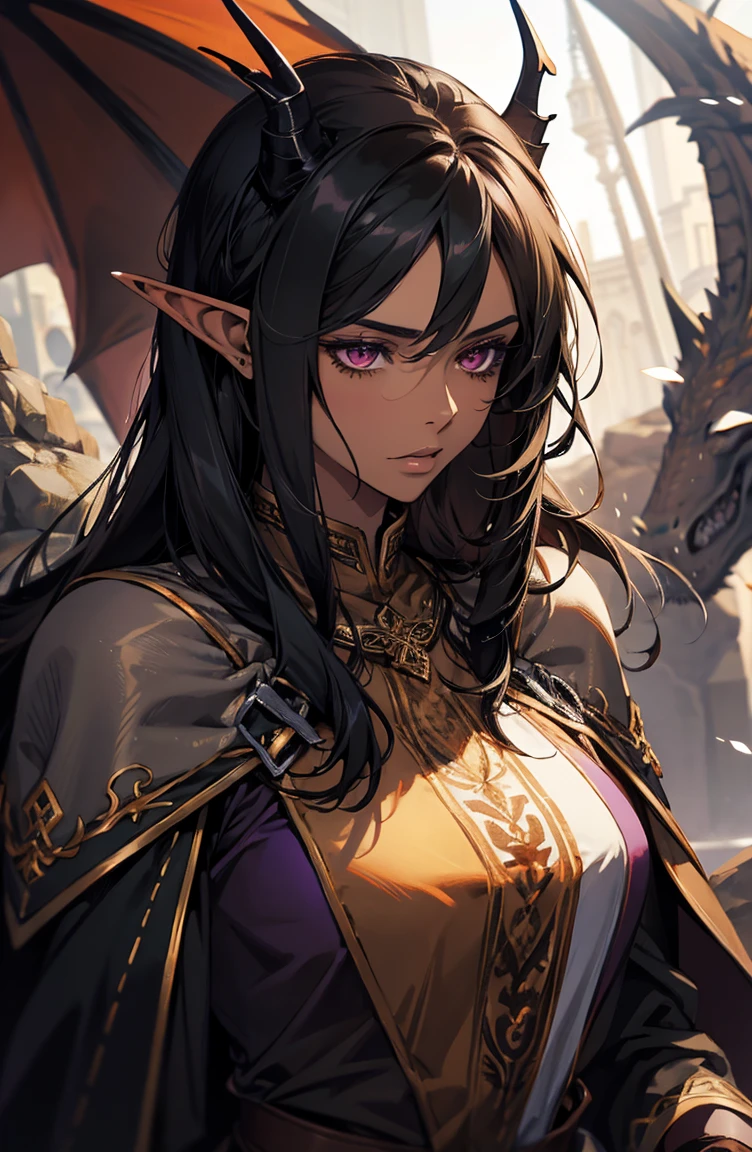 brown skin, older woman, sexy, tall, brown skin, one dragon wing, black hair, elf, elf ears, dragon horns, dark clothing, purple clothing