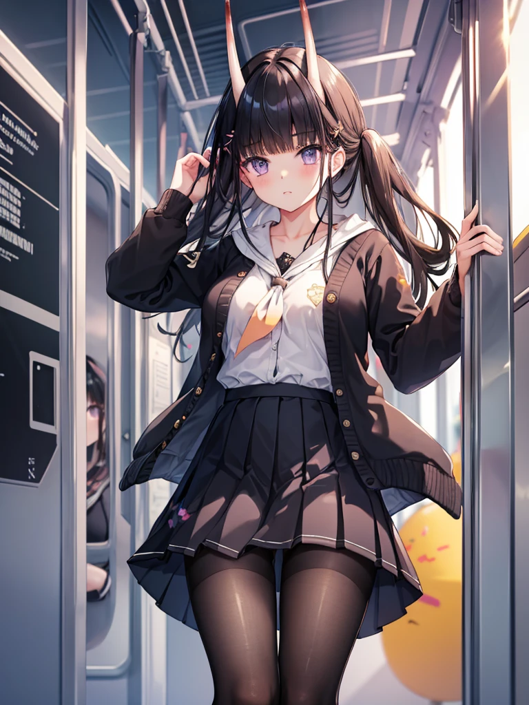 masterpiece, best quality, 1girl, solo, long hair, looking at viewer, skirt, black hair, , purple eyes, pantyhose, pleated skirt, horns, serafuku, cardigan, oni horns, open cardigan, black panty, floral lace undies, cameltoe, show panties, standing sexily, open legs, spread legs, miniskirt, lifting skirt with both hands, (lift skirt), hold skirt with both hands, inside the train