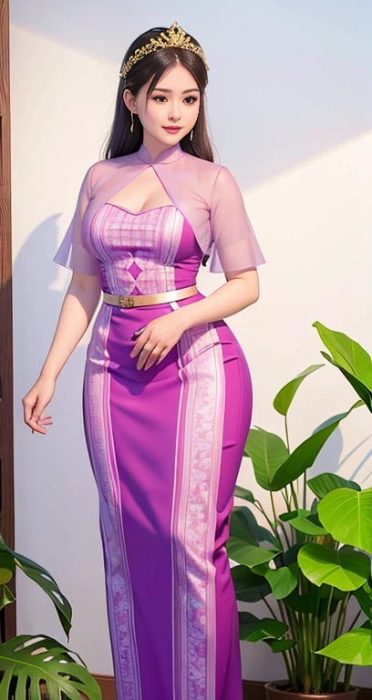 Burmese girl with attractive curvy full body.  Friends full-length bikini, ( dress) reflective long dress painted with flower patterns, only dress.  hi gh hips  High resolution  High resolution  natural background  High resolution  HD  3D,  8K cartoon anime 