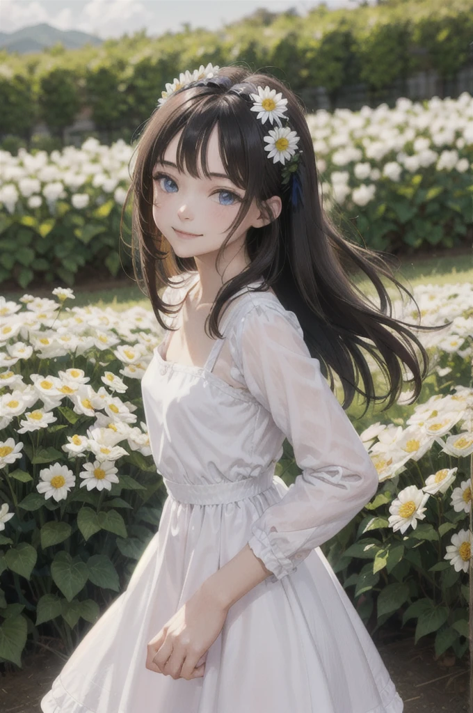 1girl, in a field of flowers, white flower, looking at viewer, blue eyes, smile, dark hair, pony tail hair style, daisy, long hair, red ribbon hair accessories, pure white dress