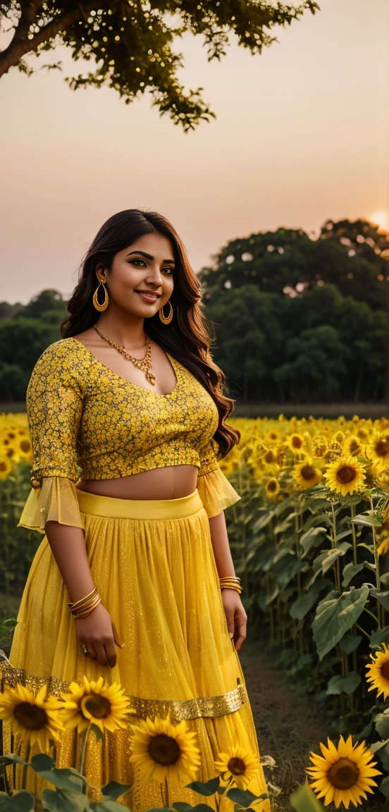 A indian curvy woman is standing in a field of yellow flowers at sunset, wearing a light sunflower  outfit consisting of a crop transperant dress . She has long, flowing dark hair, gold earrings, a necklace, and gold bangles. The sky is a gradient of warm hues, and trees are visible in the background. Lusty smile 