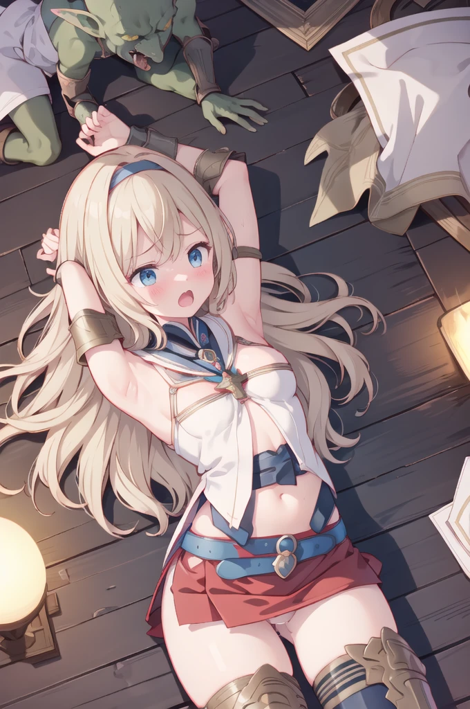 {{{nsfw}}},mature woman,princess,beautiful eyes,warrior,armor,white armor,blonde hair,long hair,hairband,side bang,breastplate,pleated skirt,white skirt,leotard,white leotard,cameltoe,1 girl,multipul boys,hetero,nose blush,open mouth,cry,embrrassed,love juice,slim body,small breast,sweat,restrained,arms behind head,arms up,defeat,bdsm,cowboy shot,from below ,handcuffs,shackles,indoor,wooden_horse,rub crotch,torture,goblin,ugly goblin,pervert goblin,surrounded by goblins,cum on body
